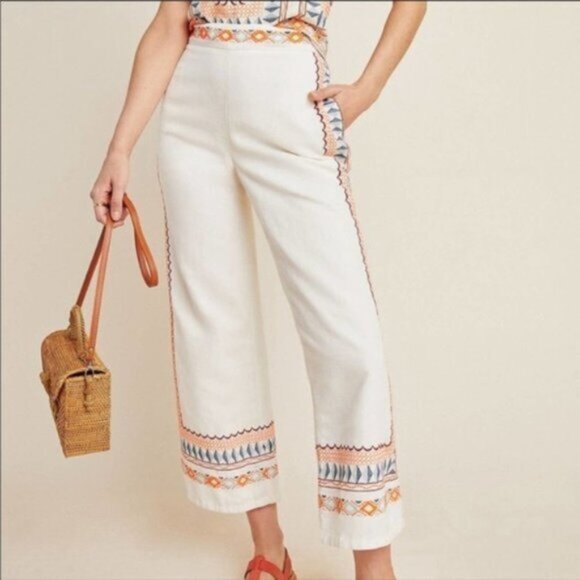 Anthropologie Pants - Anthropologie Islander Embroidered Wide Leg Crop Ankle Pants sz 12 Cotton/Linen